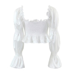 Square Collar Chest Lace up Shirt Bubble Long Sleeve High Waist Elastic Bust Short Top