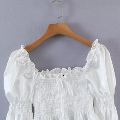 Square Collar Chest Lace up Shirt Bubble Long Sleeve High Waist Elastic Bust Short Top