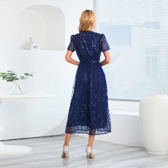 Embroidered Bright Yarn Mesh Dressable Slim Fit V neck Mid Length Dress
