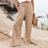 Baumwollleinen, einfarbig, elastische Taille, weites Bein, Freizeithose