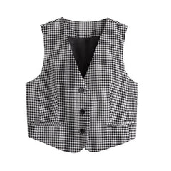 Manteau sans manches à motif treillis noir et blanc, gilet boutonné décontracté pour le bureau