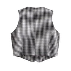 Manteau sans manches à motif treillis noir et blanc, gilet boutonné décontracté pour le bureau
