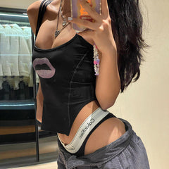 Lip Print Strap Pullover Sleeveless off-Shoulder Casual Top