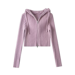 Cardigan en tricot à capuche, coupe ajustée, fermeture éclair, manches longues, manteau pull