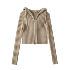 Cardigan en tricot à capuche, coupe ajustée, fermeture éclair, manches longues, manteau pull
