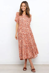 Crewneck Ruffled Edge Puff Sleeves Dress