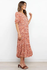 Crewneck Ruffled Edge Puff Sleeves Dress