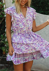 Kurzärmliges Kleid mit Rüschenärmeln und Print