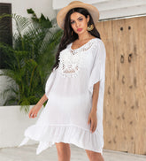 Bluse Strandurlaub Bikini Cover up Häkeln Patchwork Rüschenkleid