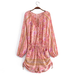 Positioning Printing Vacation Elastic Waist Drawstring Pleated Jumpsuit