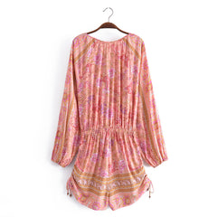 Positioning Printing Vacation Elastic Waist Drawstring Pleated Jumpsuit
