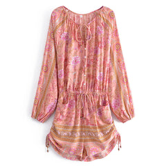 Positioning Printing Vacation Elastic Waist Drawstring Pleated Jumpsuit