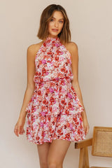 Vacation Floral Ruffled Tiered A Line Tie Backless Dress