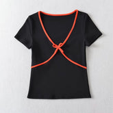 Sweet Cropped T shirt Slim Thread Knitted Thin round Neck Bowknot Short Sleeve Top