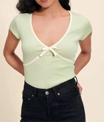 Sweet Cropped T shirt Slim Thread Knitted Thin round Neck Bowknot Short Sleeve Top