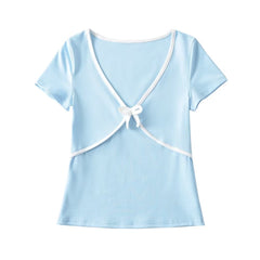 Sweet Cropped T shirt Slim Thread Knitted Thin round Neck Bowknot Short Sleeve Top
