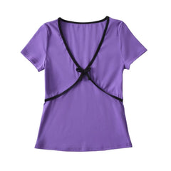 Sweet Cropped T shirt Slim Thread Knitted Thin round Neck Bowknot Short Sleeve Top