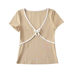 Sweet Cropped T shirt Slim Thread Knitted Thin round Neck Bowknot Short Sleeve Top