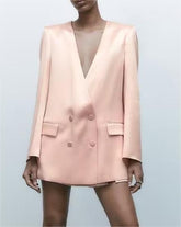 Simple V neck Long Sleeve Double Breasted Loose Silk Satin Textured Coat