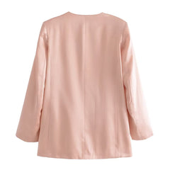 Simple V neck Long Sleeve Double Breasted Loose Silk Satin Textured Coat