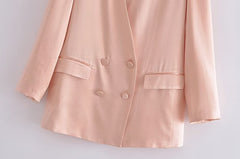 Simple V neck Long Sleeve Double Breasted Loose Silk Satin Textured Coat