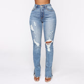 Jean fendu bleu délavé déchiré taille haute extensible