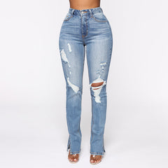 Split Jeans Blue Washed Ripped High Waist Stretch Jeans
