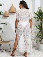Cardigan See through Lace Waist Trimming Lace up Beach Beach Cover Up