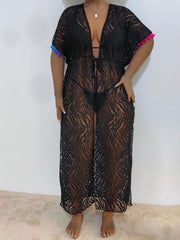 Cardigan See through Lace Waist Trimming Lace up Beach Beach Cover Up