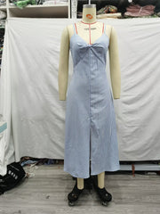 Striped Suspender Dress Holiday Front Slit Long