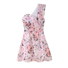 French off the Shoulder Lotus Leaf Trim Printed Short Dress
