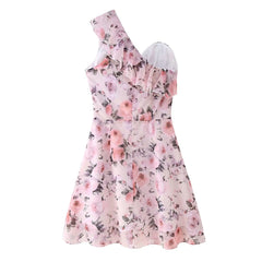 French off the Shoulder Lotus Leaf Trim Printed Short Dress