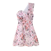 French off the Shoulder Lotus Leaf Trim Printed Short Dress