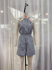 Loose Jumpsuit Crew Neck Shorts Check Jumpsuit