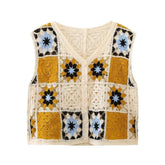 Retro-Farbenabstimmung Plaid Floral Cutout Häkeln Strickweste V-Ausschnitt Oberbekleidung Einreihiger Mantel