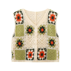 Gilet tricoté à carreaux rétro assortis, motif floral découpé, col en V, manteau simple boutonnage