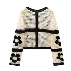 Retro Floral Cutout Knitted Chiffon Stitching Round Neck Long Sleeve Top