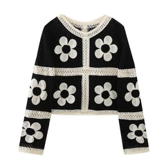 Retro Floral Cutout Knitted Chiffon Stitching Round Neck Long Sleeve Top