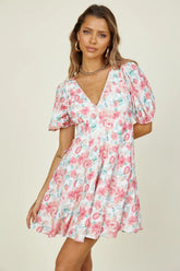 Kurzärmliges Kleid mit V-Ausschnitt und Print