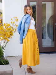 Elastic Waist Pleated Front Buckle Casual Package Hip Mid Skirt