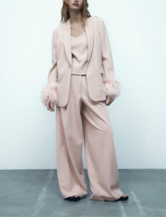 Khaki Loose Fitting Wide Leg Trousers Blazer Suit