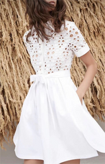 Casual Lace Shirt Collar Lace up Long Sleeve Dress