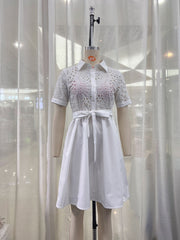 Casual Lace Shirt Collar Lace up Long Sleeve Dress