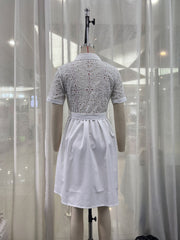 Casual Lace Shirt Collar Lace up Long Sleeve Dress