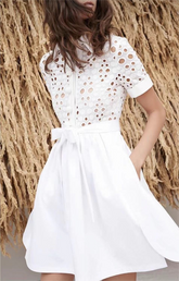 Casual Lace Shirt Collar Lace up Long Sleeve Dress