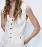 Cardigan boutonné sans manches à col en V et gilet court de couleur unie