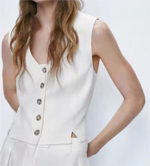 Cardigan boutonné sans manches à col en V et gilet court de couleur unie