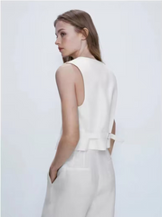 Cardigan boutonné sans manches à col en V et gilet court de couleur unie