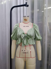 Ultra Short Lace Up Slim Fit Puff Sleeve Shirt Top