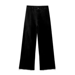 Pantalon large à lisière brute en noir, coupe slim, taille haute, coupe droite